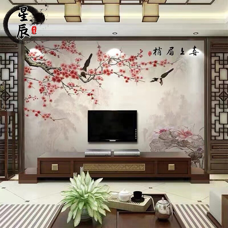 3d新中式花鸟客厅大气电视背景墙壁纸5d立体影视墙布卧室装饰壁画图片