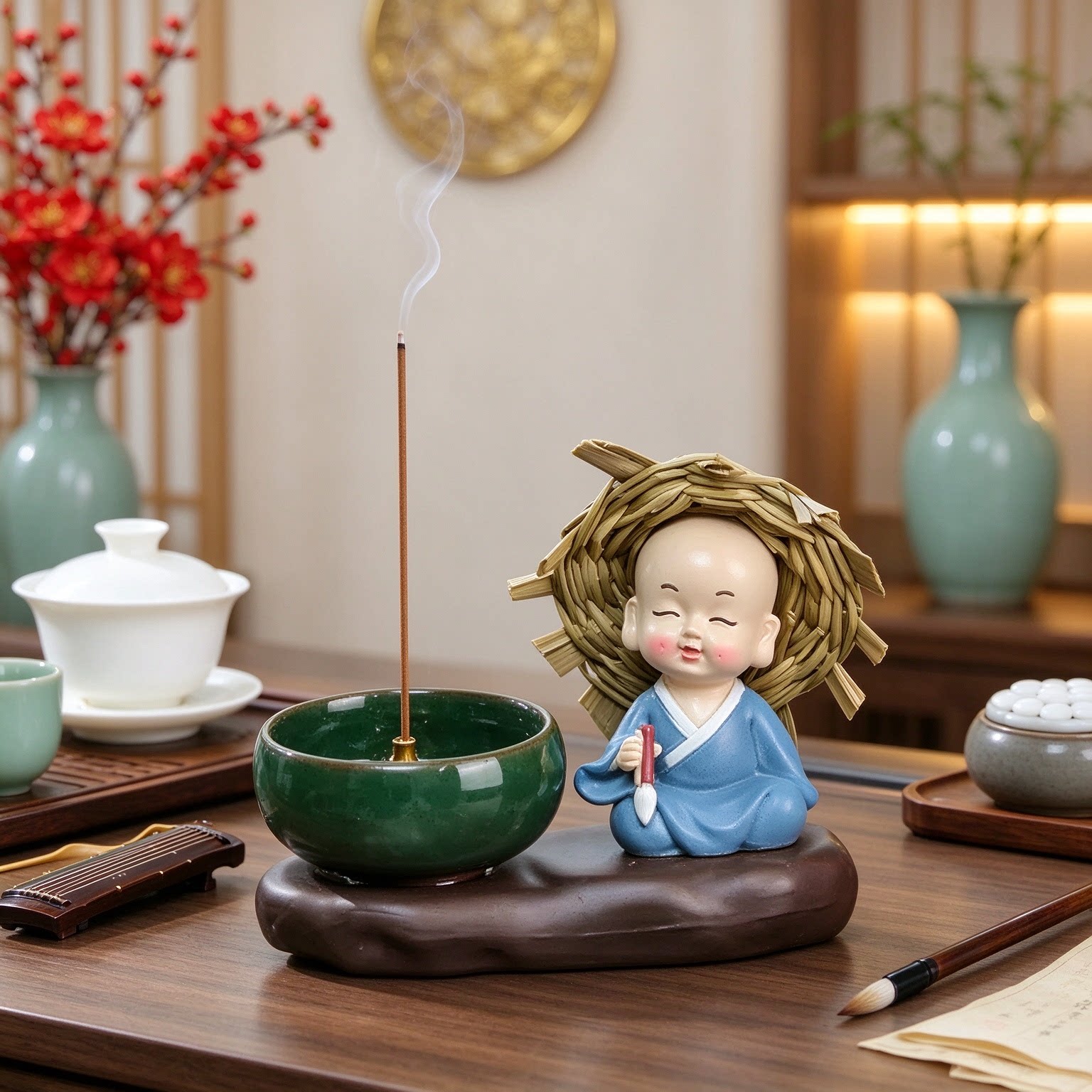 可爱琴棋书画小和尚禅意摆件茶空间工艺品雅致大方禅茶一味呆萌