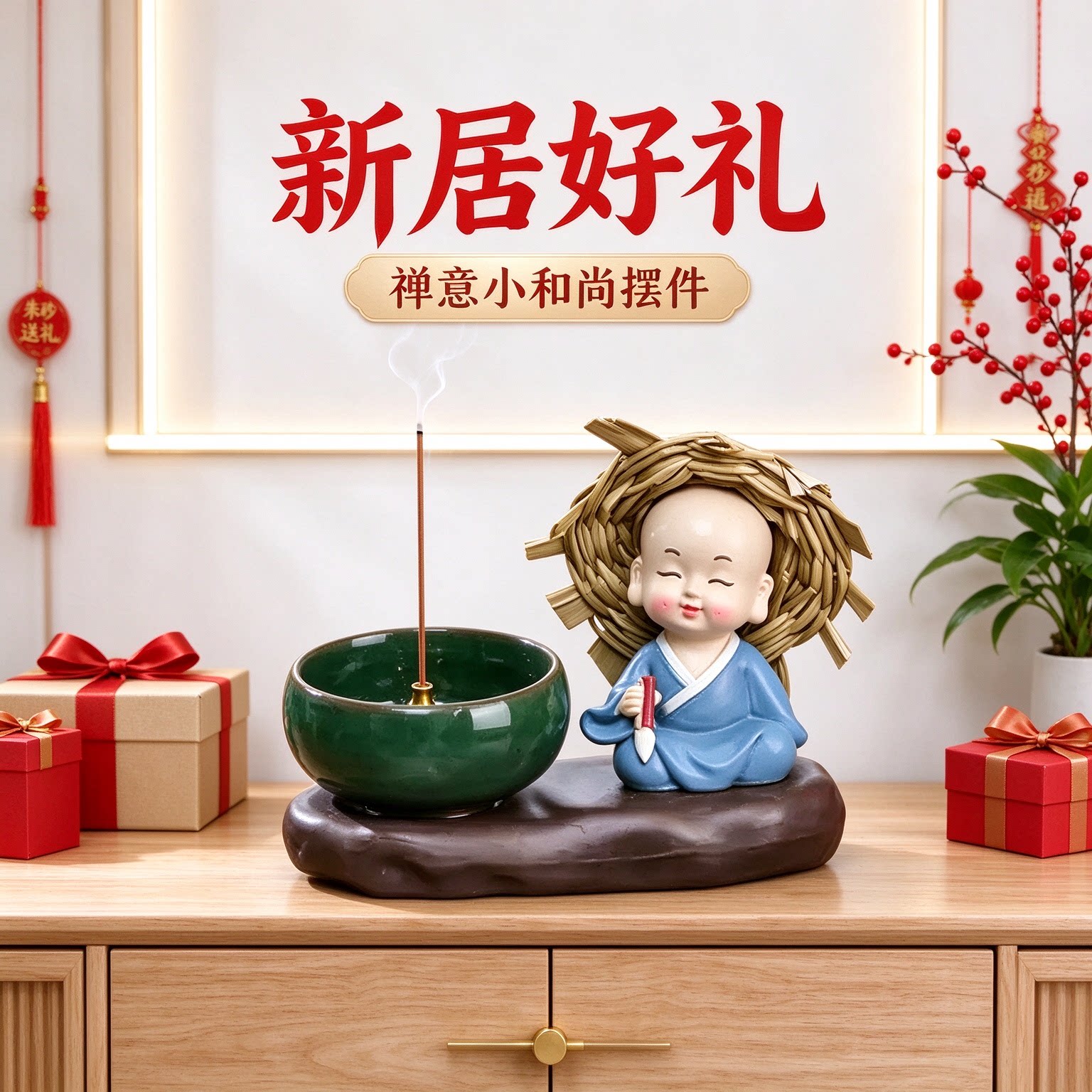 新居送礼禅意小和尚执笔中式摆件送同事工艺品平心静气别具匠心