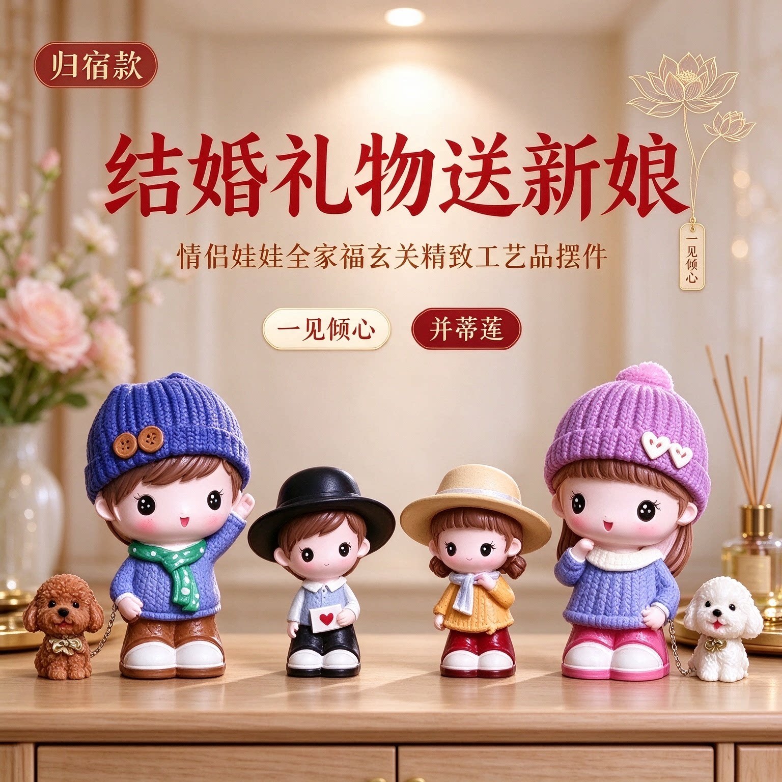 结婚礼物送新娘情侣娃娃全家福玄关精致工艺品摆件一见倾心并蒂莲