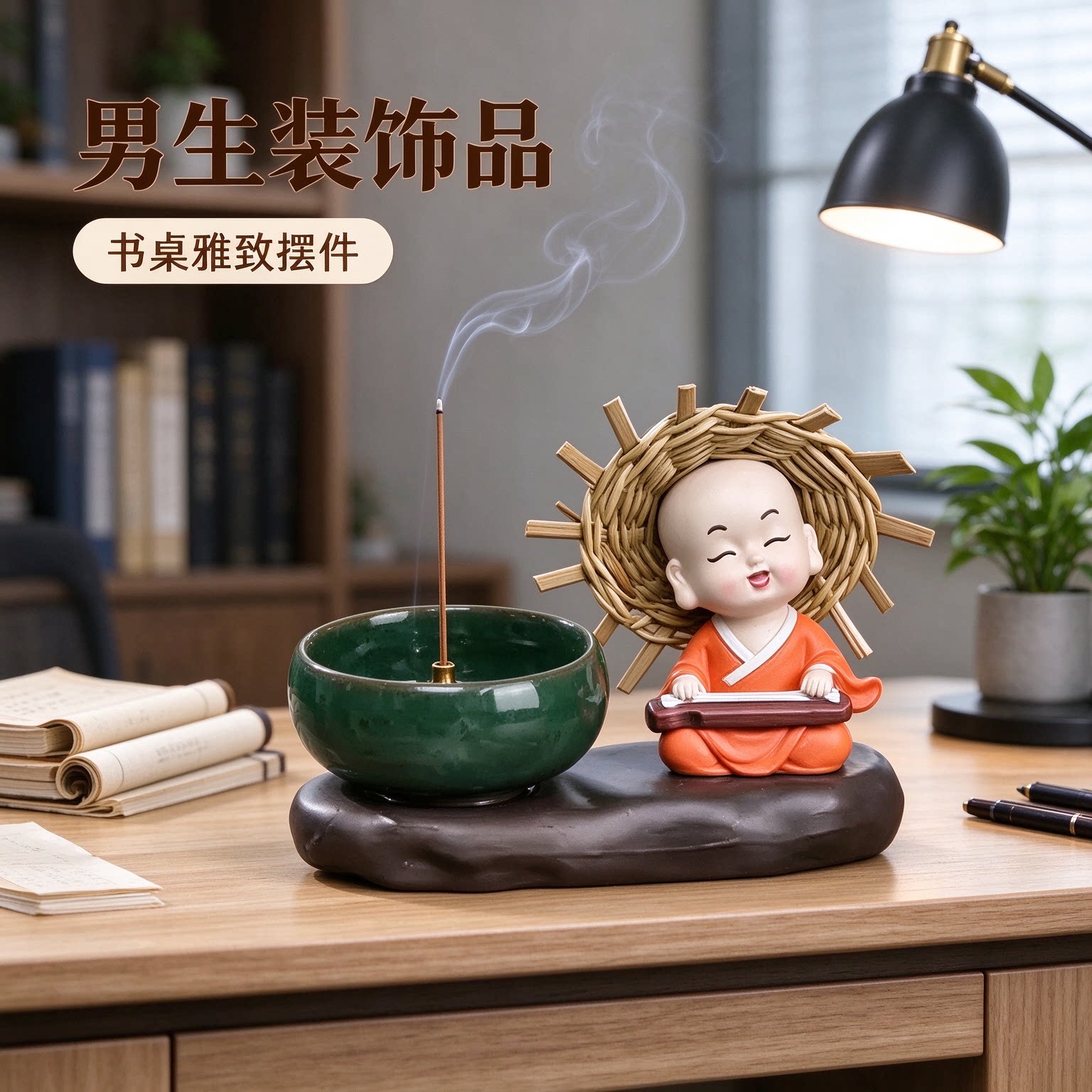 新居送礼新中式读书小和尚摆件男生装饰品与世无争一念清净好寓意