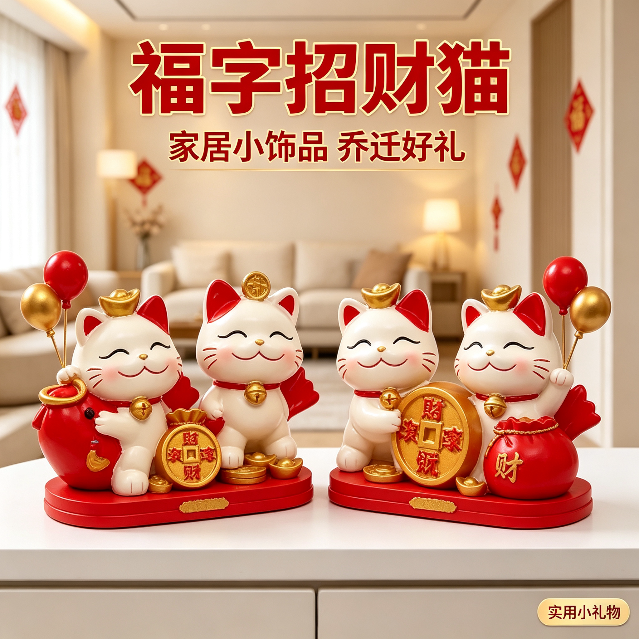卡通福字招财猫摆件客厅酒柜玄关桌面摆放家居饰品乔迁搬家实用小