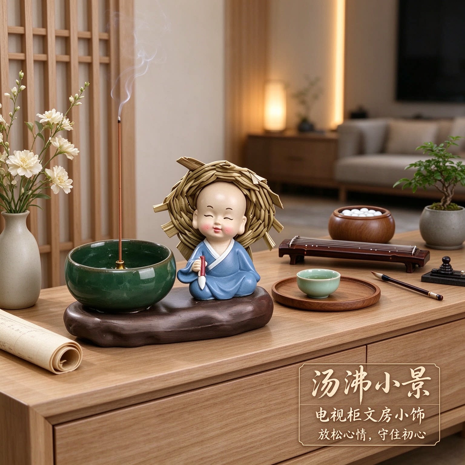 暖心系禅意小和尚静心养心琴棋书画电视柜摆件装饰品放松心情初心