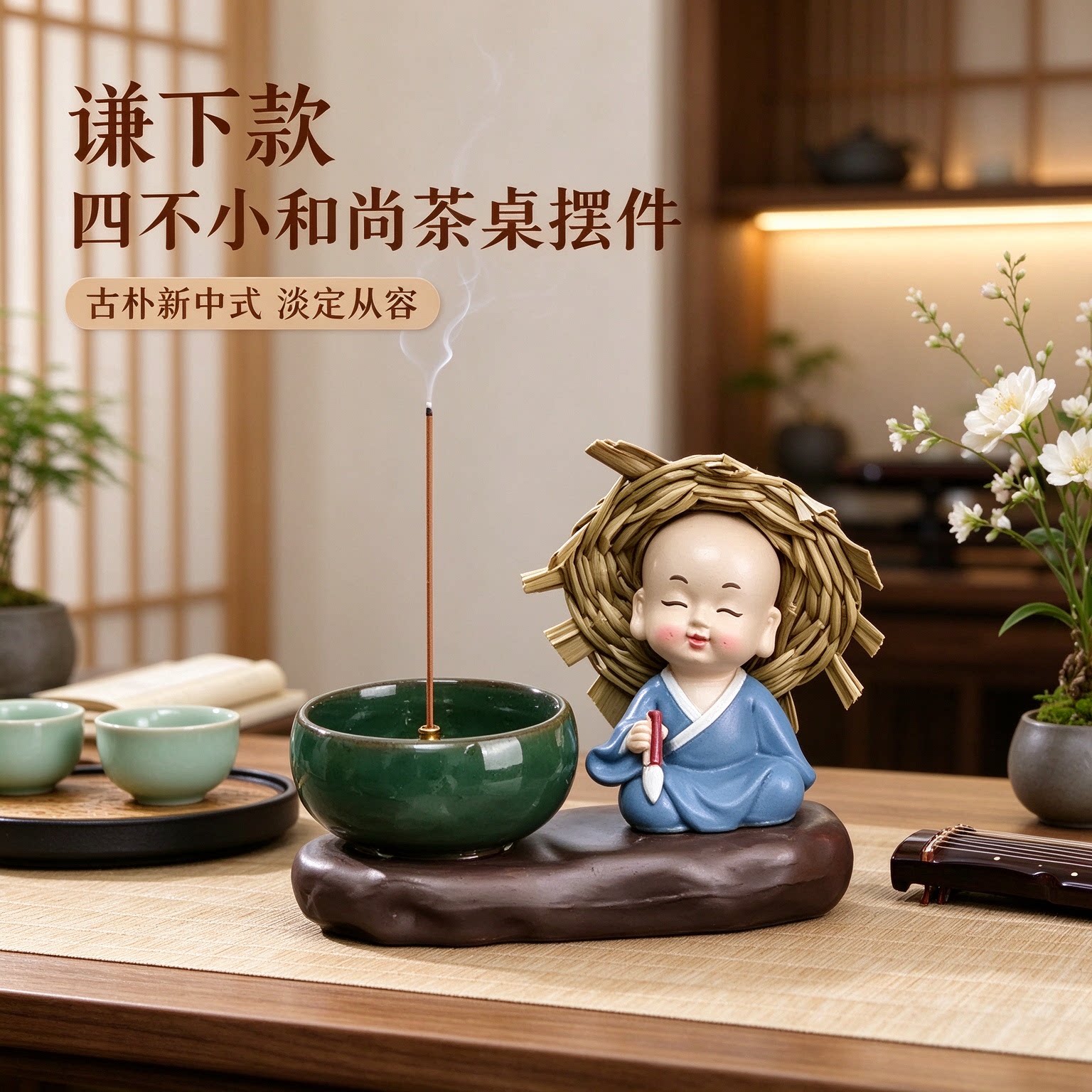 四不小和尚茶桌禅意摆件新中式古朴装饰品淡定从容大智若愚氛围感