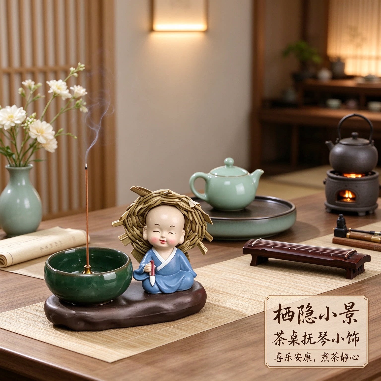 国风四不小和尚抚琴茶桌禅意摆件呆萌小装饰笑口常开喜乐安康煮茶