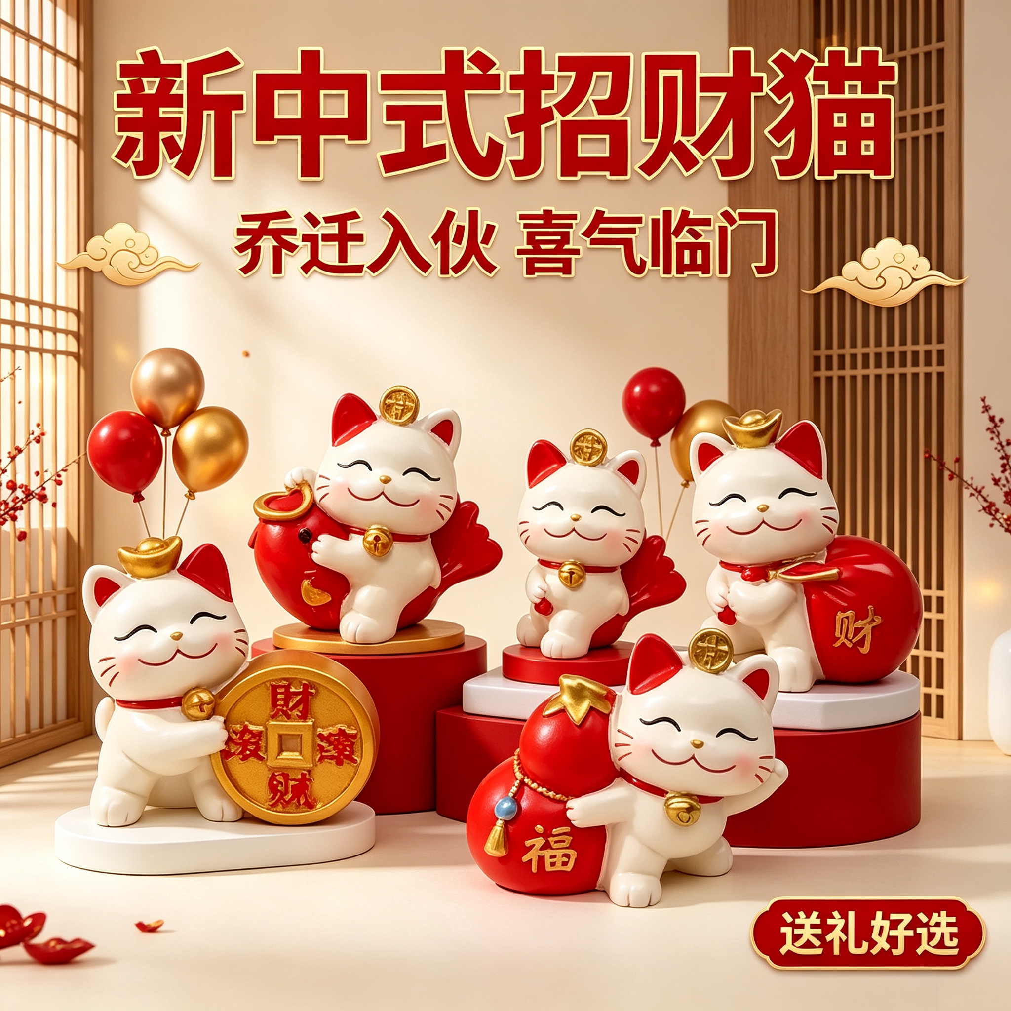 新中式卡通招财猫气球摆件入户玄关电视柜酒柜家用装饰乔迁入伙