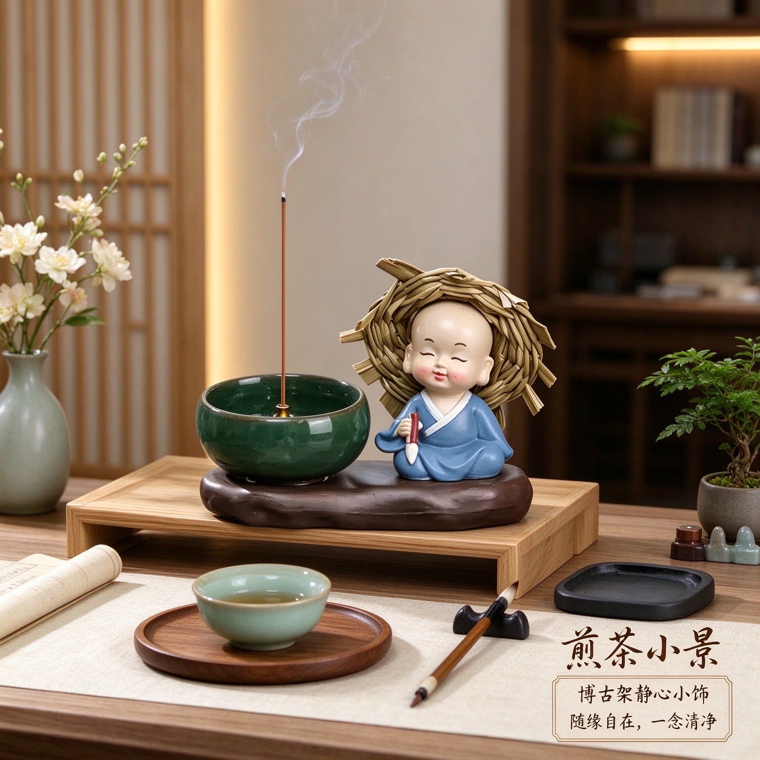 国风四不小和尚草帽博古架摆件平常心装饰品随缘自在一念清净摆设