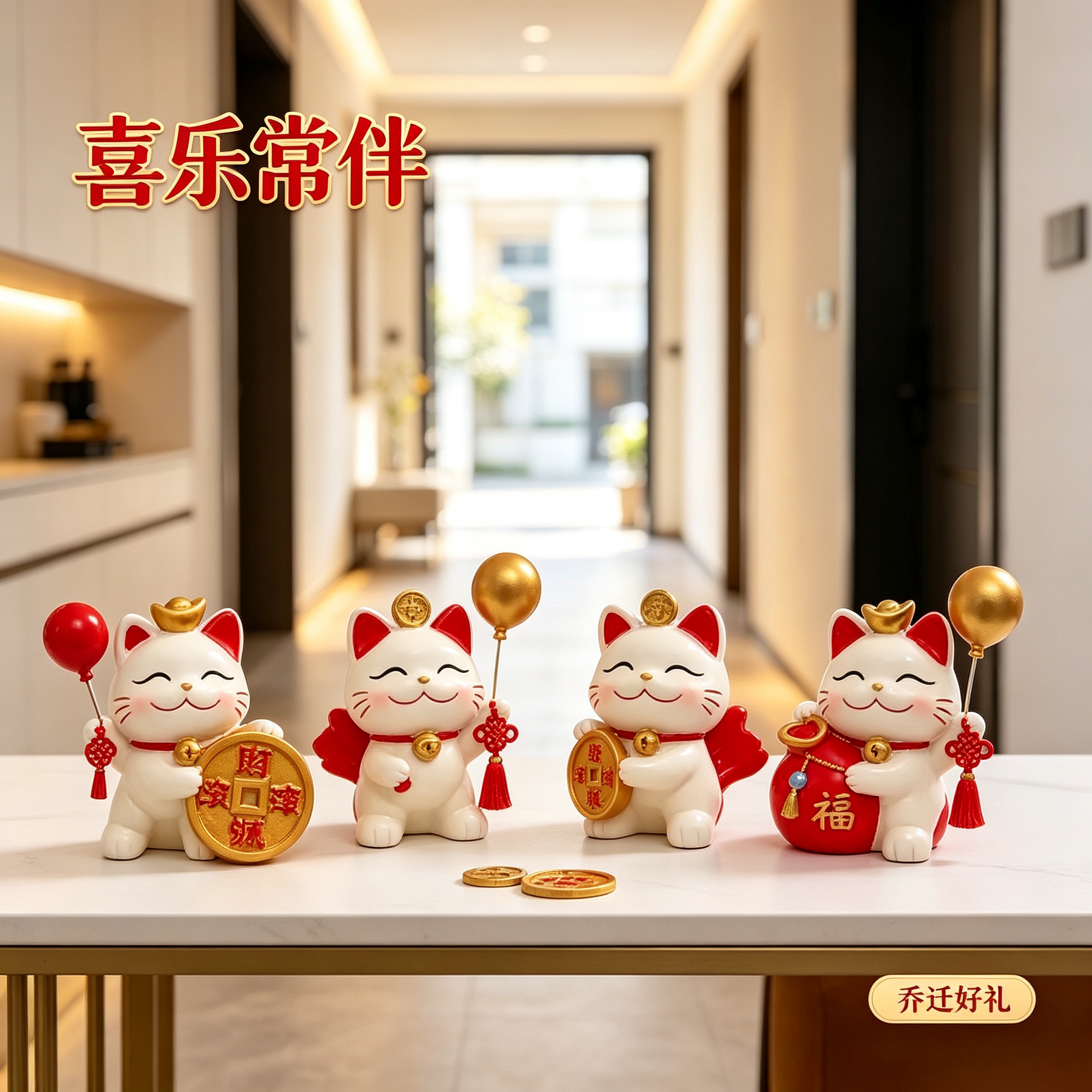 喜乐常伴气球招财猫摆件客厅玄关入户摆放喜庆家居软装乔迁入伙