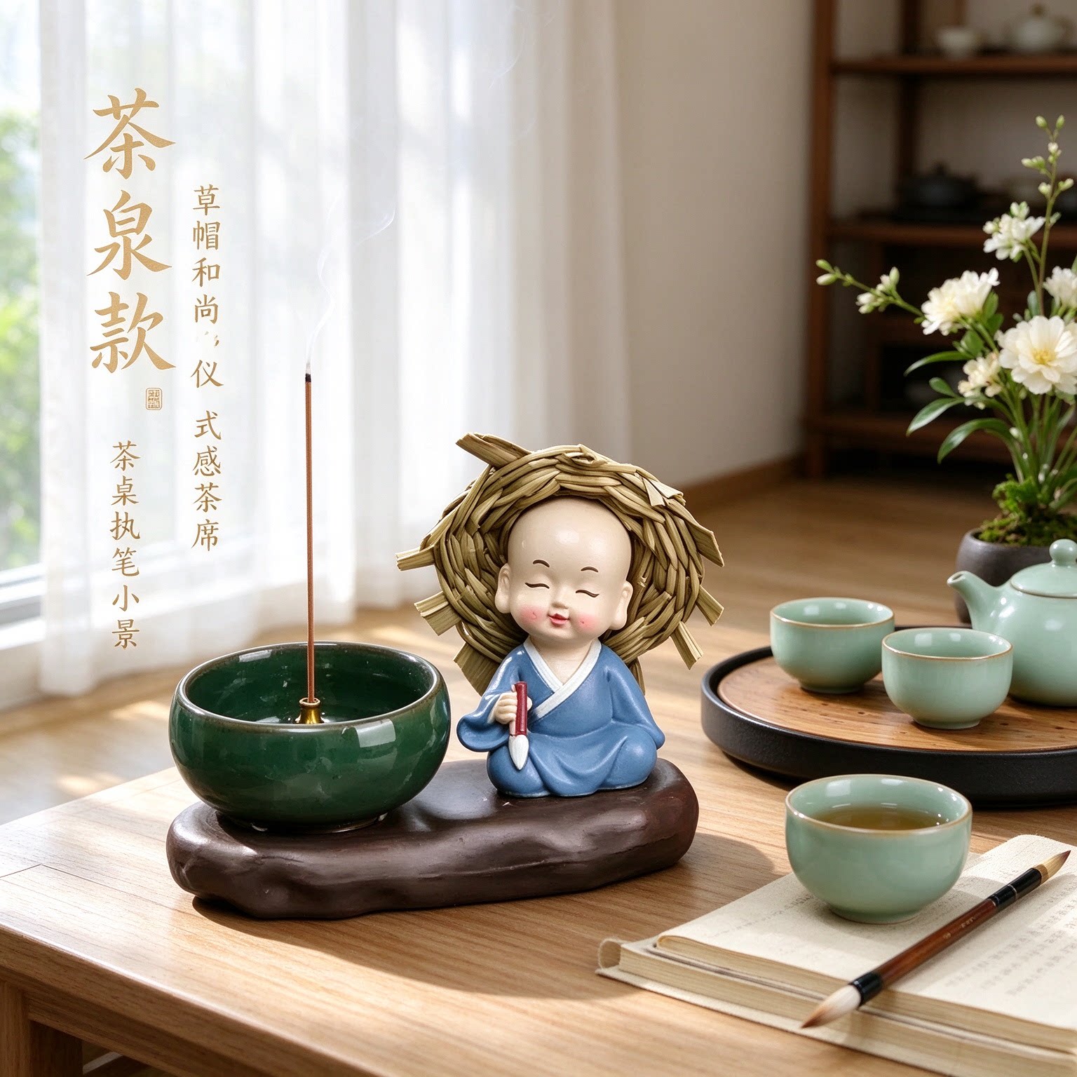 新中式四不小和尚仪式感执笔茶桌禅意摆件摆设和气致祥随缘自在