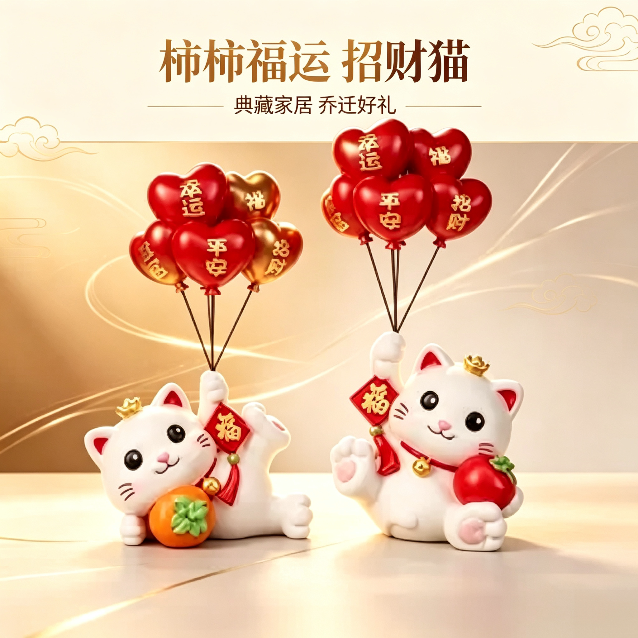 美学典藏柿柿福运招财猫摆件客厅玄关入户高端家居乔迁开业伴手礼