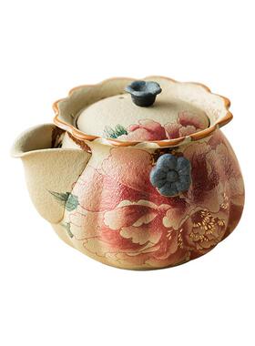 青花烫火石红手壶家用仿古牡丹陶泡茶壶抓防瓷茶壶单壶功MCTZ2559