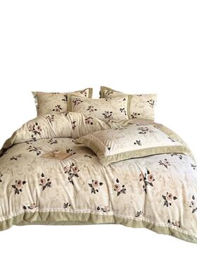 加厚复古丝印YANGQI花慕绒四件套暖约素雅保被套田园风双简面绒床