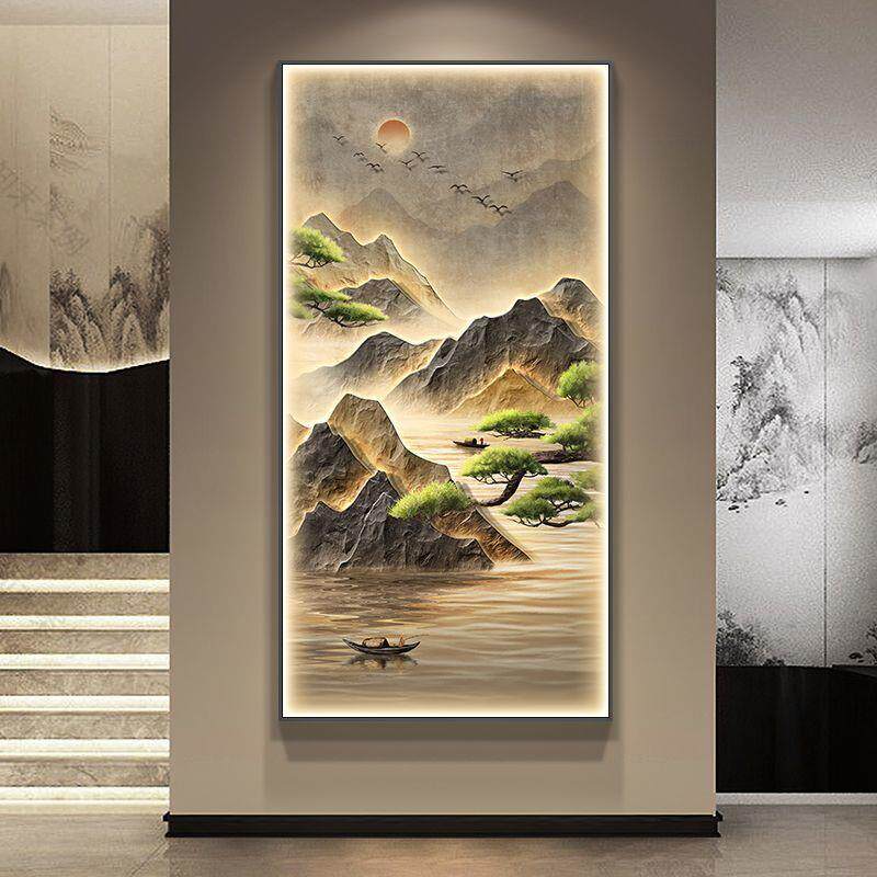 迎客松玄关装饰画入户门走廊过道挂画山水画客厅壁灯画晶瓷画室内
