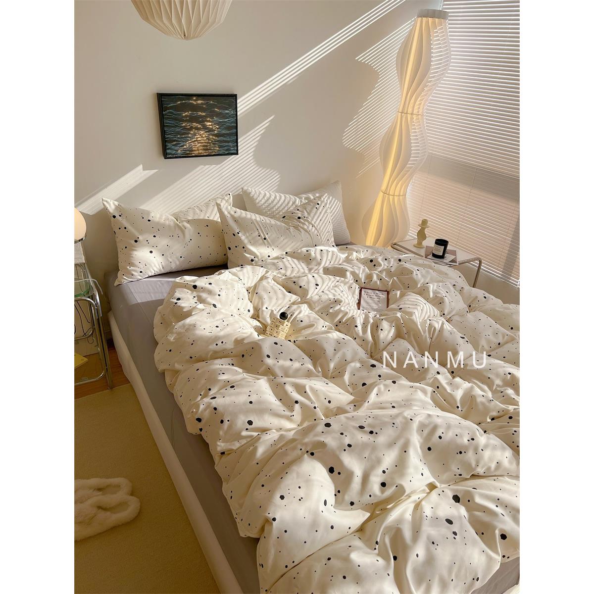 水逆绕行｜简约古风墨床点纯棉中四件QAP套北风全棉民宿品1.8欧床