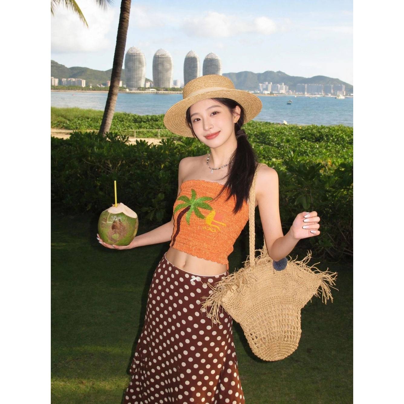 泰国马来西亚版纳海岛沙滩度假风针织抹胸泳衣女波点半身裙套装夏