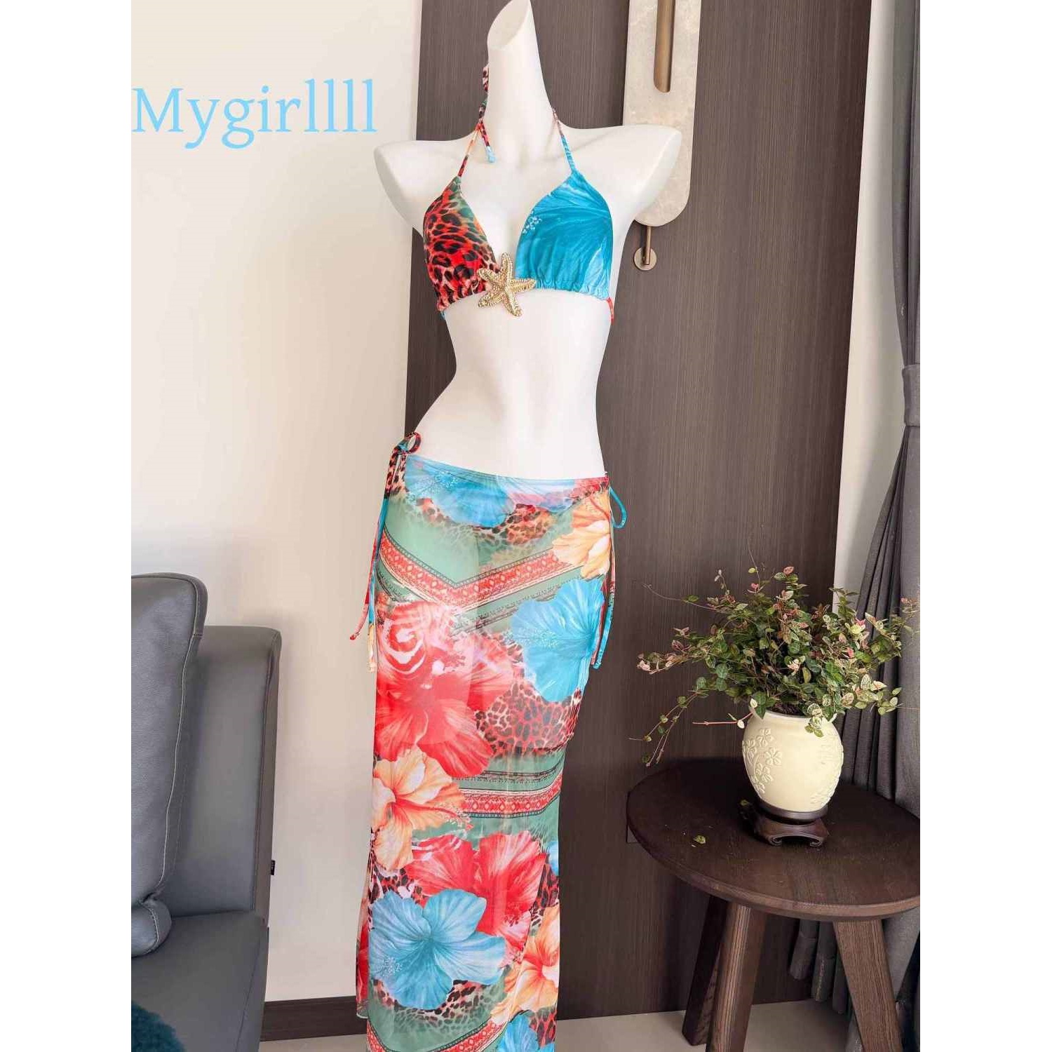 新款豹纹橘蓝印花度假温泉性感比基尼网纱三件套泳衣女分体长裙