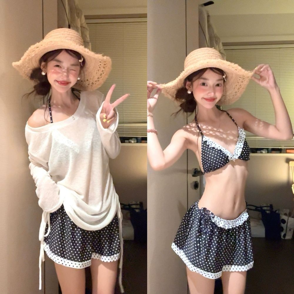 泰国新款辣妹斜肩长袖罩衫女海边度假沙滩上衣比基尼裙式小胸波点
