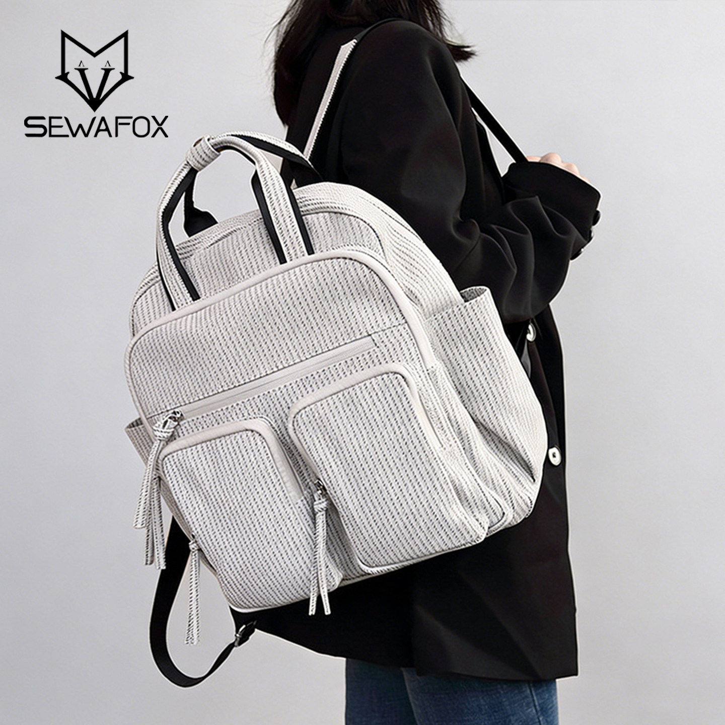 小众休闲纯色双肩包多口袋大容量通勤百搭日常背包学生上课书包女