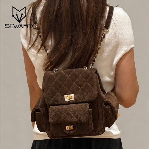 韩版麂皮菱格链条小香风双肩包