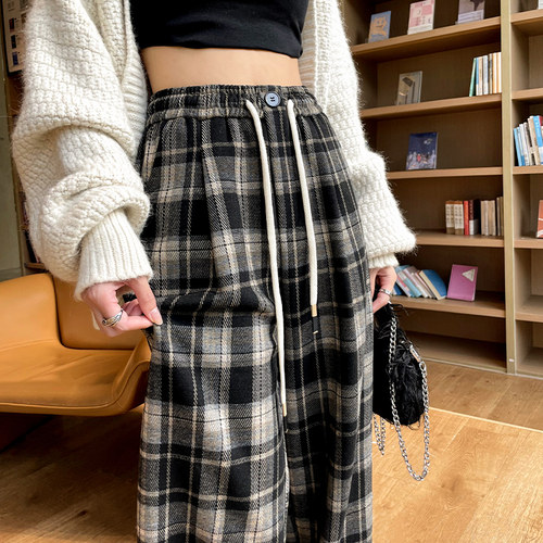 TQRY复古格子阔腿裤秋冬新款