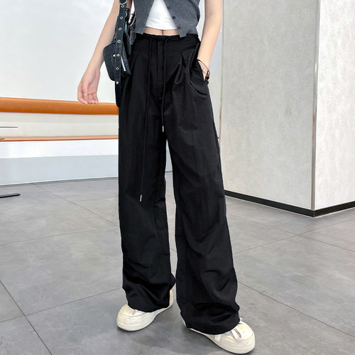 高腰美式长裤显瘦抽绳降落伞裤