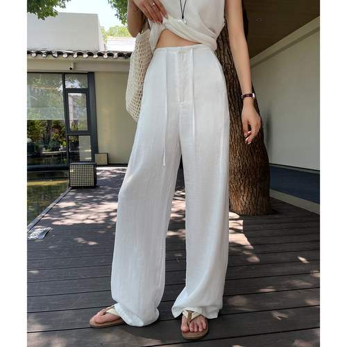 白色亚麻窄版阔腿裤女2025夏季