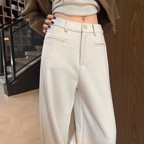 白色高腰加绒羊毛呢阔腿西装裤