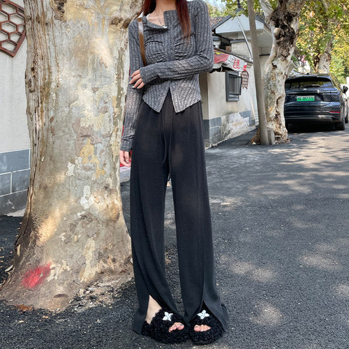 高腰百搭长裤显瘦开叉糯米裤