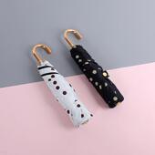 现货点新款 弯柄维弯钩点波点黑胶三折伞纤防风骨168晴雨遮阳伞