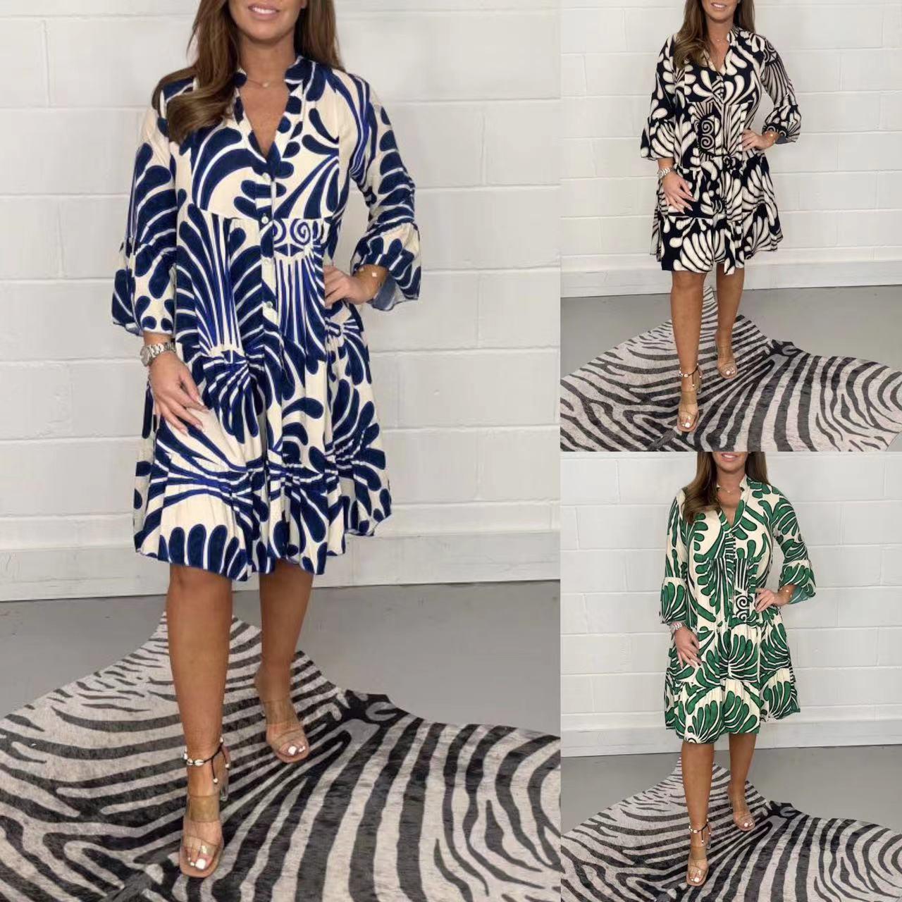 Ladies V-neck button elegant high waist dress