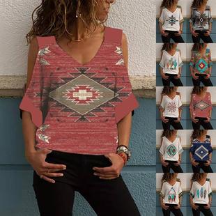 western shirt ethnic print casual button geometric womens