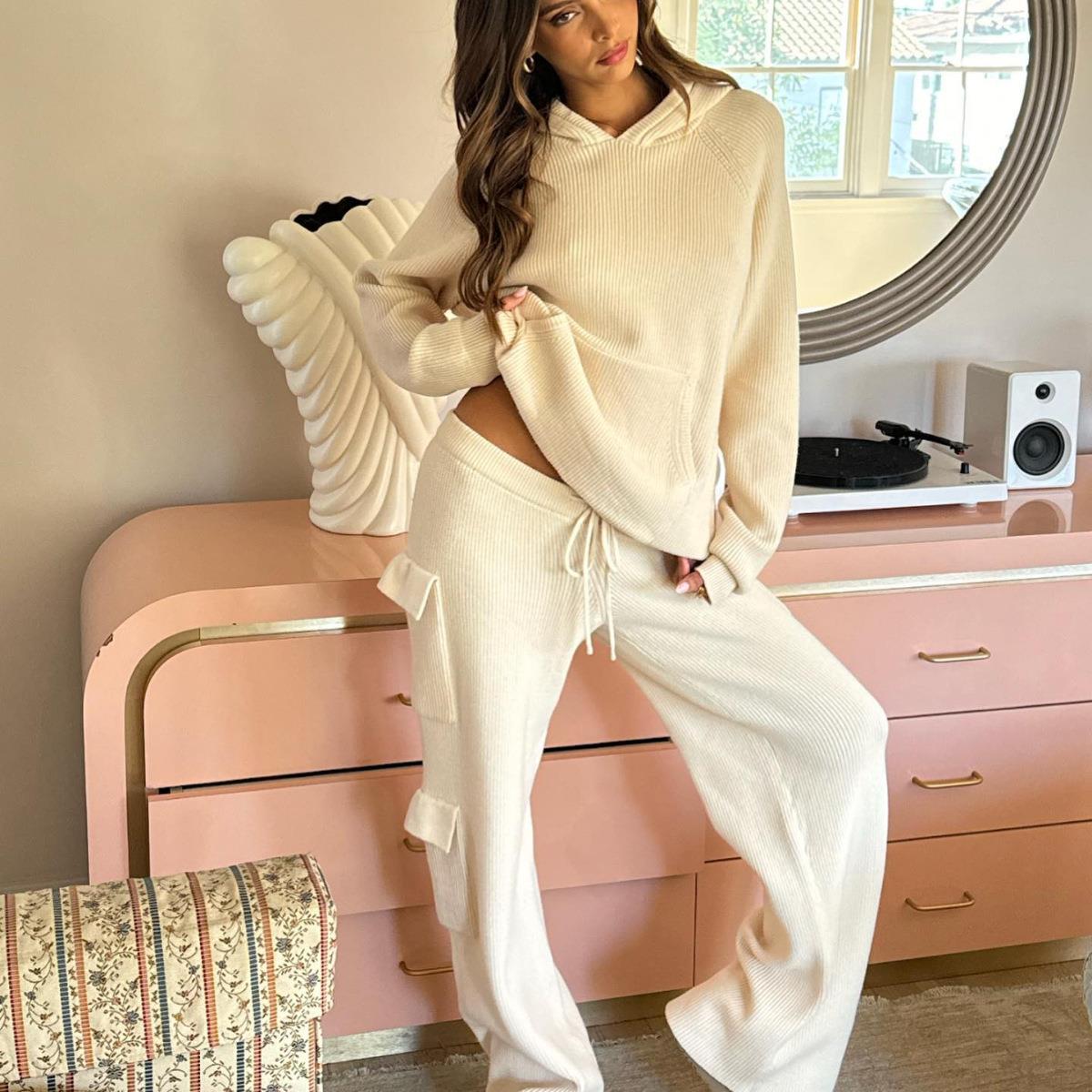 Women's Fashion Hooded Sports Casual Sweater Knitted Set