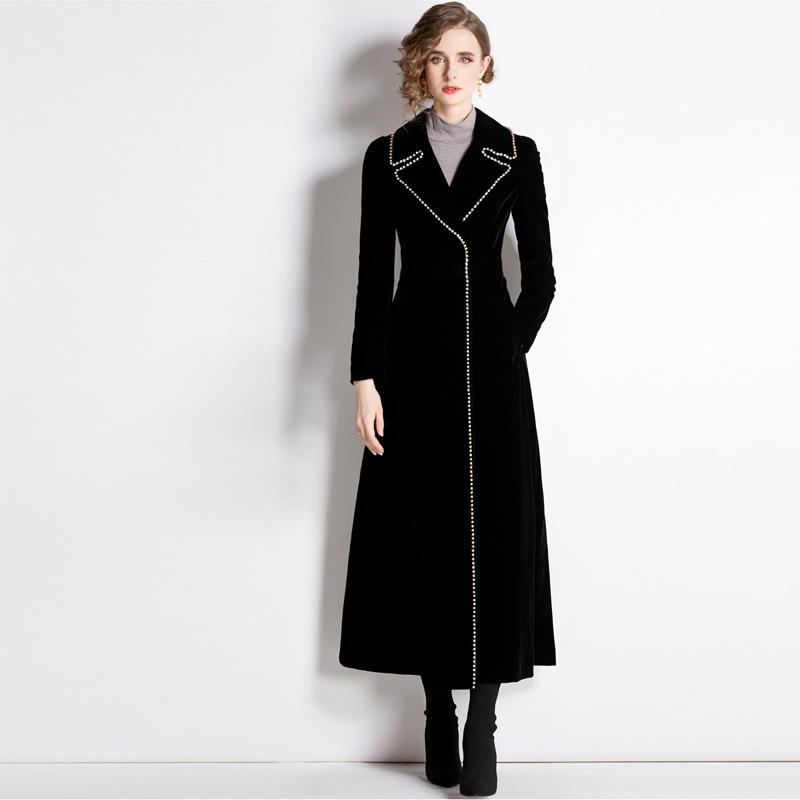 Black beaded velvet trench coat for women with slim waist