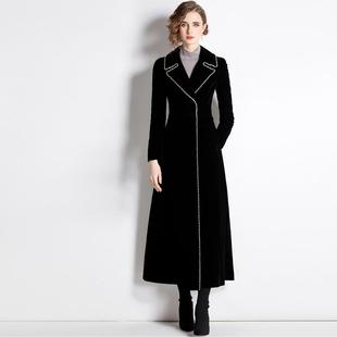 Black beaded velvet trench coat for women with slim waist