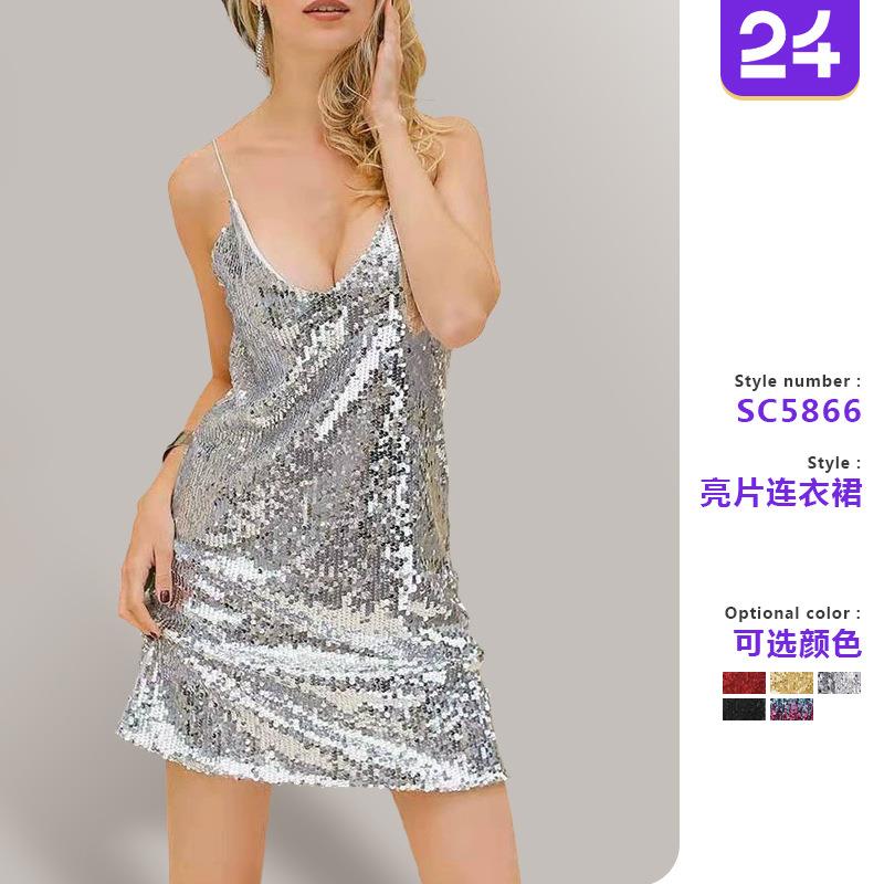 sequined suspender short womens dress sexy V-neck
