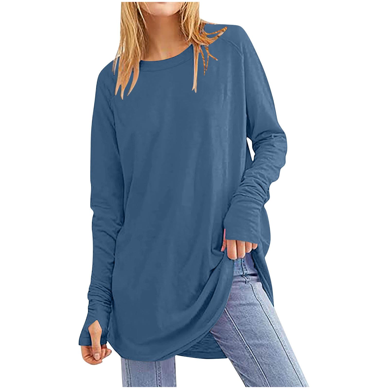 long color top loose neck thumb pullover round women Solid