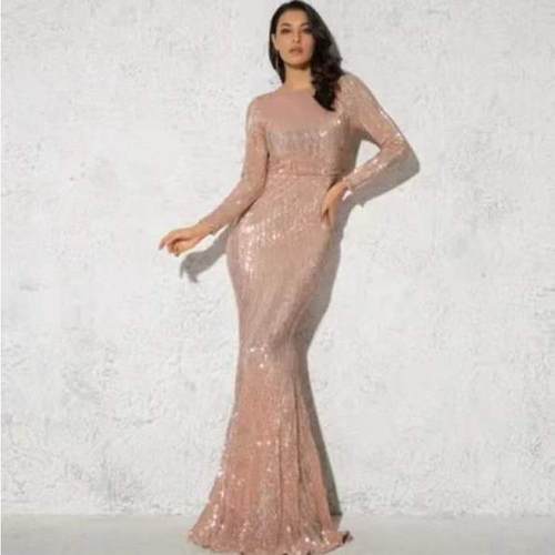 romagic women modest stretch sequin neck evening prom gown