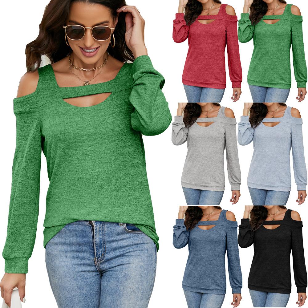 loose womens color hollow round solid tops neck