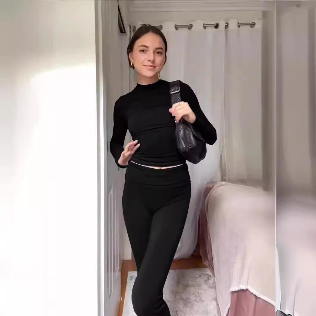 Womens high-end fashion retro two-piece solid color suit