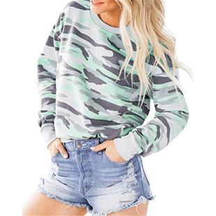 Neck Long Sleeve Womens Loose Round Camouflage Top Threaded