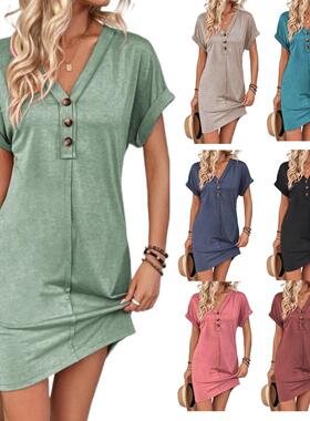 Summer womens fashion all-match buckled V-neck raglan