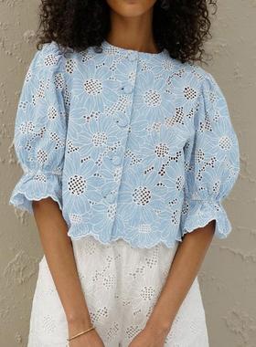Womens Embroidered Cropped Shirt Fashion Trumpet Sleeve