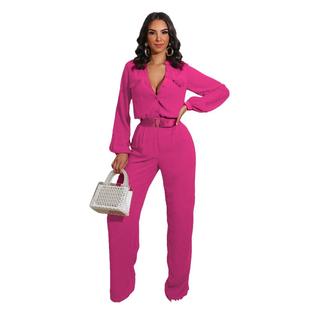 sleeved solid long Fashion loose casual jumpsuit womens