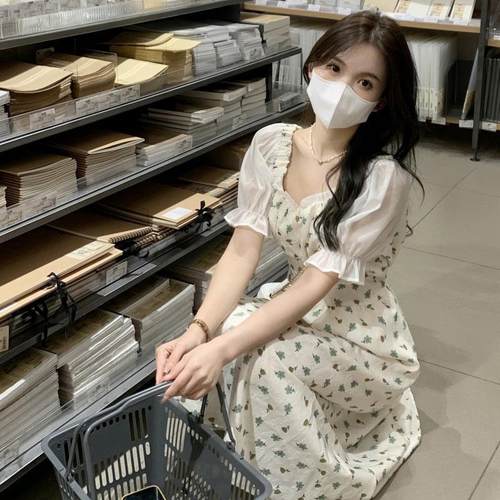 fashion womens dress floral skirt sleeve puff slimming