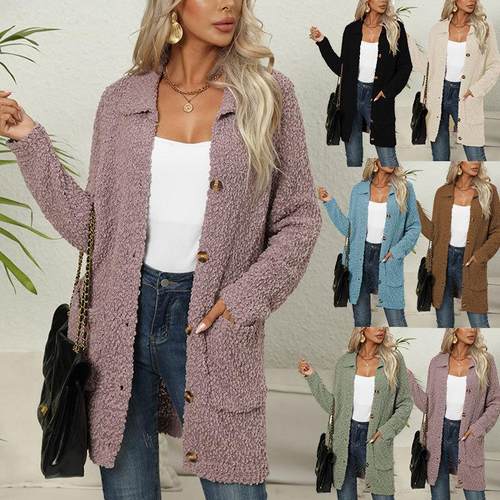 jacket cardigan placket button long pockets with warm