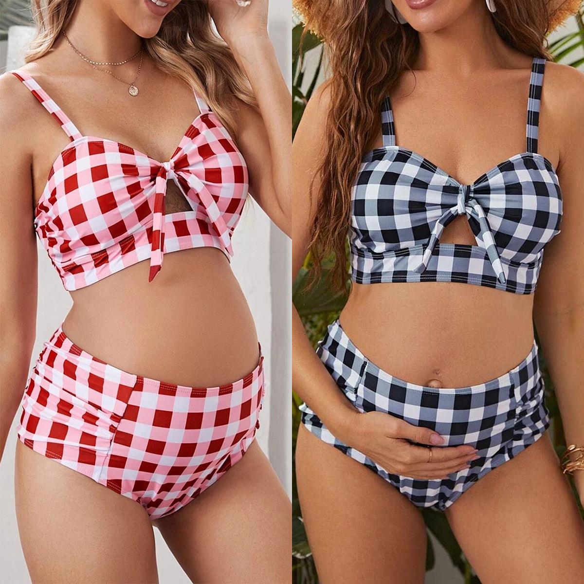 Maternity two-piece swimsuit plaid high waist sexy beach
