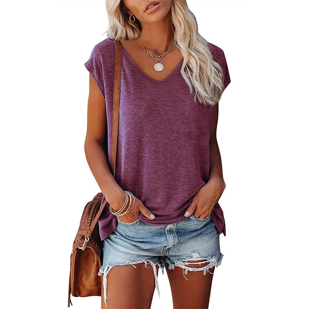 Short-sleeved round neck solid color shirt tops for women