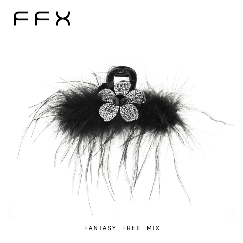 FFX弗弗西[花坞里]高级感羽毛立体花卉轻奢抓夹黑色大号半扎发夹