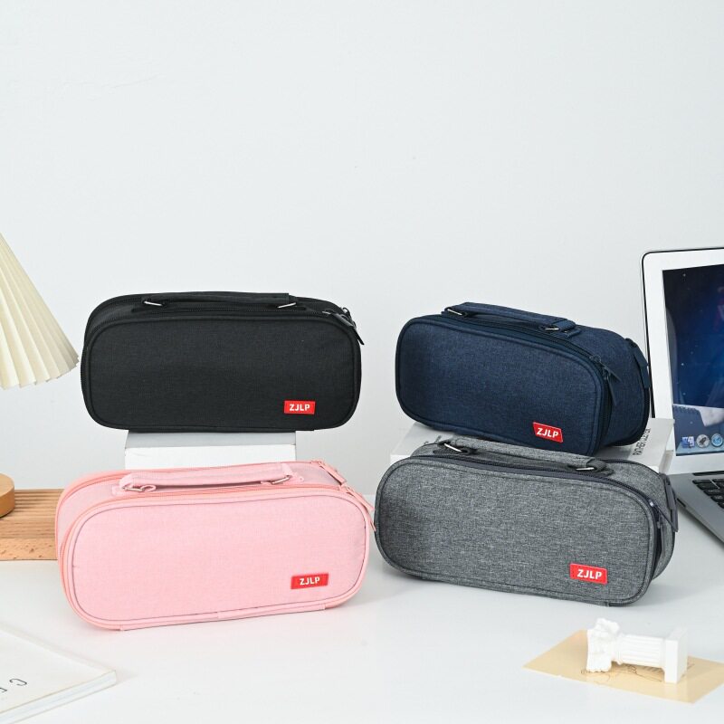 新品 简约手提双层大容量五格笔袋书包牛津布纯色学生文具收纳铅