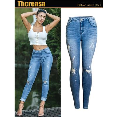 Popular beaded skinny pants women pencil pants denim